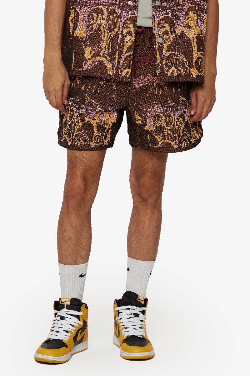 "GHOST HANDS" TAPESTRY SHORTS BROWN "GHOST HANDS" TAPESTRY SHORTS BROWN