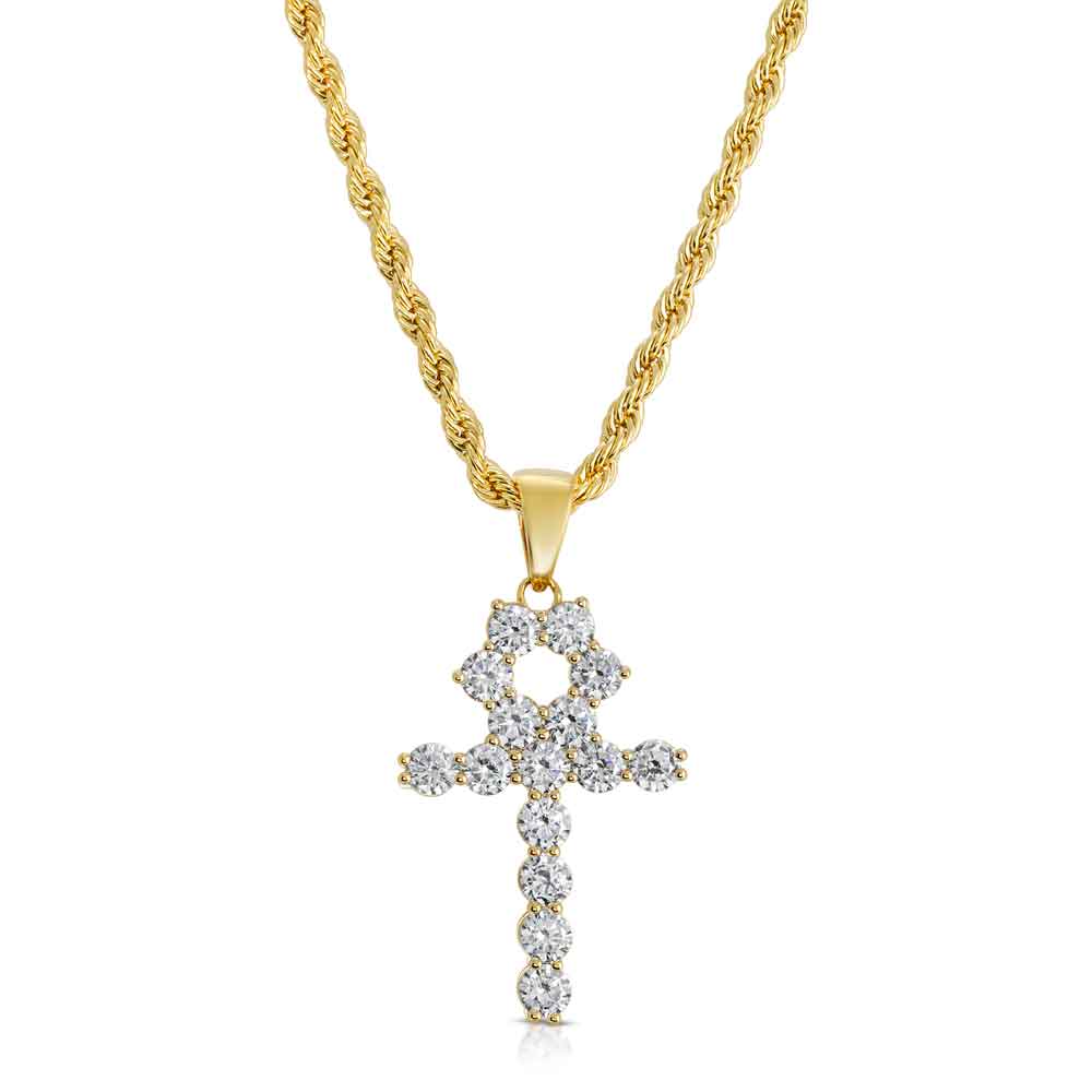 Micro Diamond Ankh Gold Necklace Pendant & Rope Gold Chain Micro Diamond Ankh Gold Necklace Pendant & Rope Gold Chain