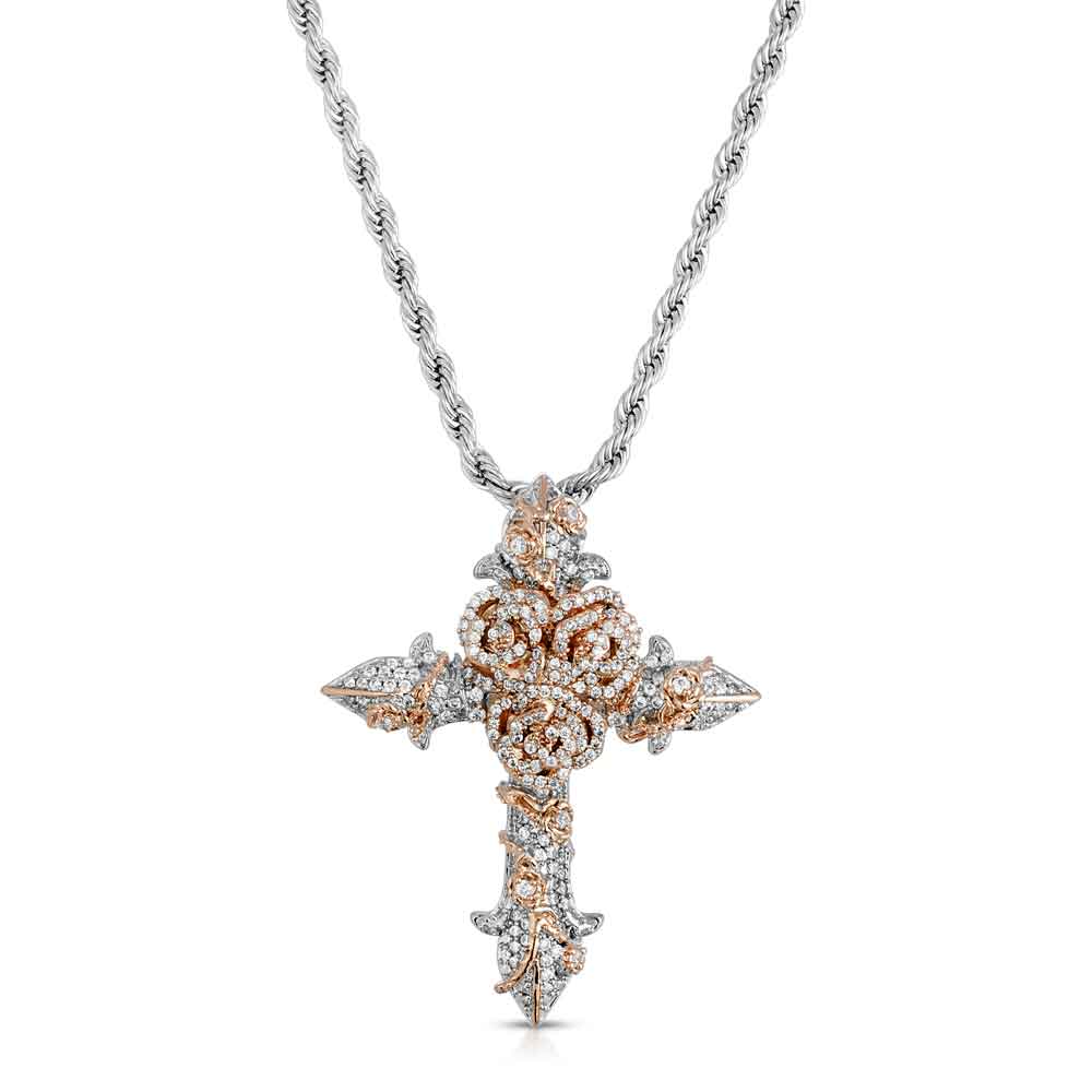 Diamond Rose Cross Necklace Pendant & Rope Chain Diamond Rose Cross Necklace Pendant & Rope Chain