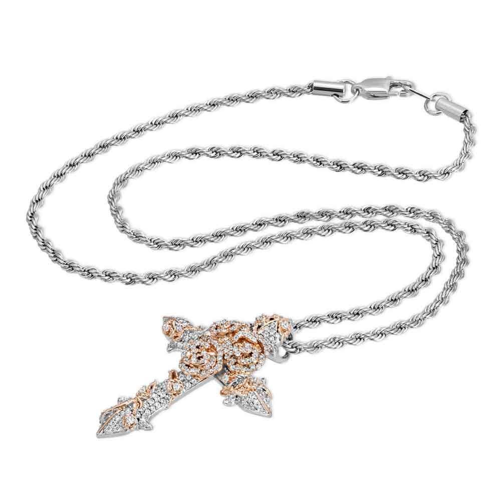 Diamond Rose Cross Necklace Pendant & Rope Chain Diamond Rose Cross Necklace Pendant & Rope Chain