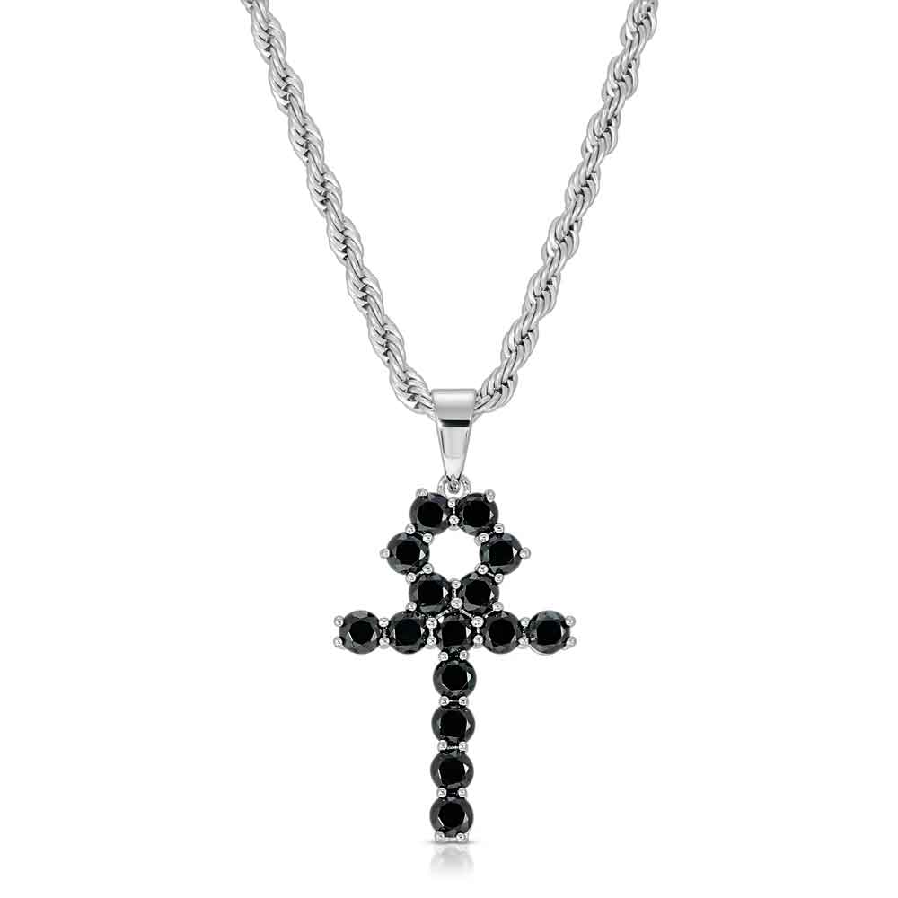 Micro Onyx Ankh Cross Necklace Pendant & Rope Chain White Gold Micro Onyx Ankh Cross Necklace Pendant & Rope Chain White Gold