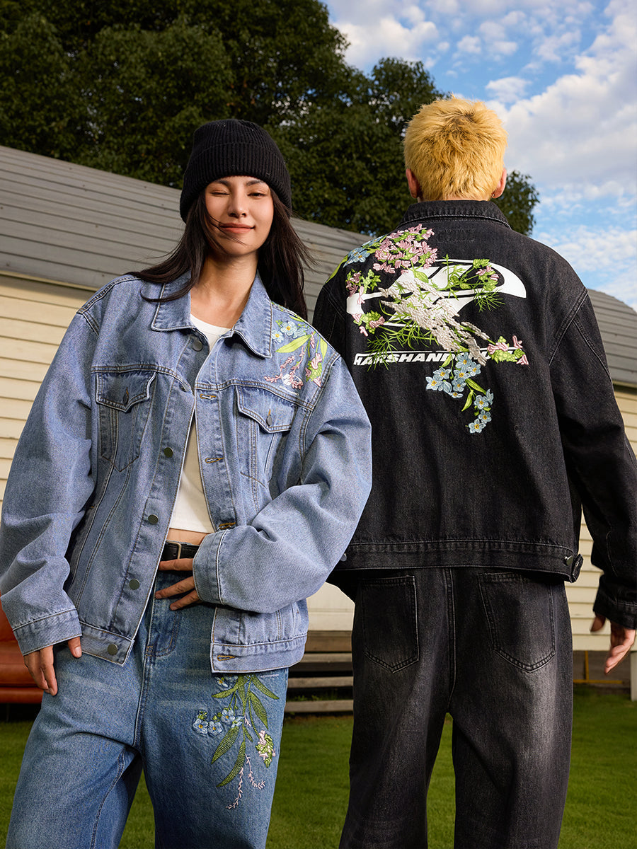Floral Embroidered Washed Denim Jacket Floral Embroidered Washed Denim Jacket