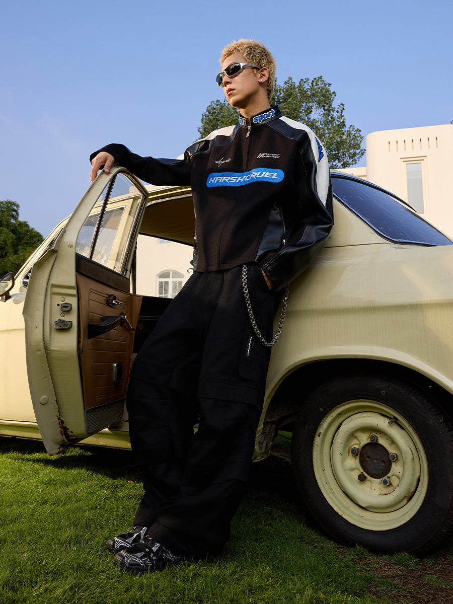 Colorblock Stitched Leather Racing Jacket Colorblock Stitched Leather Racing Jacket