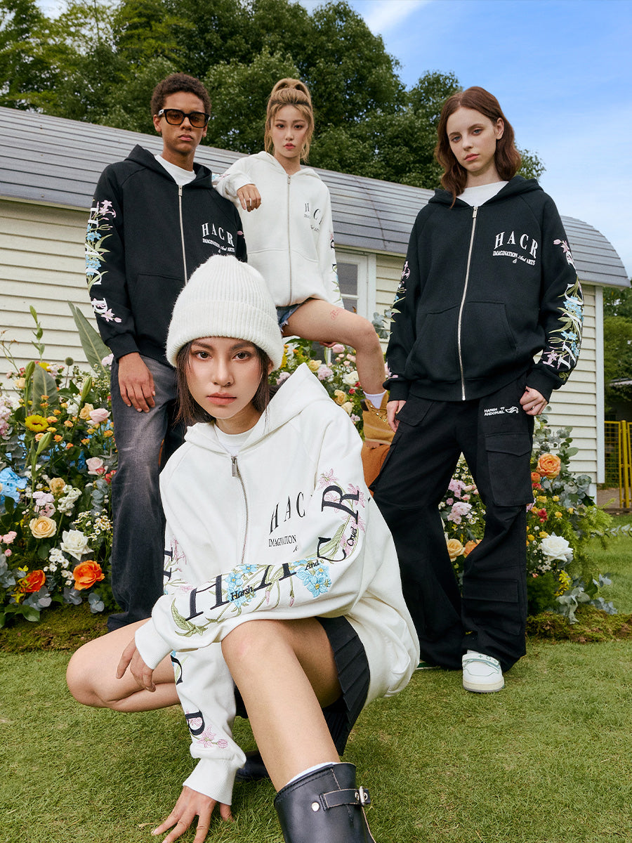 Floral Logo Sleeve Embroidered Zip Up Hoodie Floral Logo Sleeve Embroidered Zip Up Hoodie