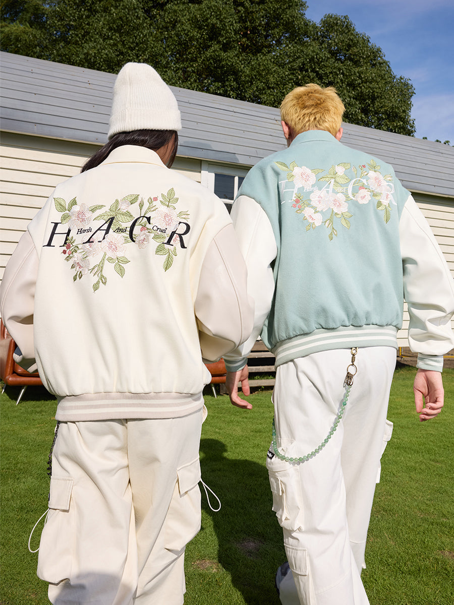 Floral Embroidered Script Baseball Jacket Floral Embroidered Script Baseball Jacket