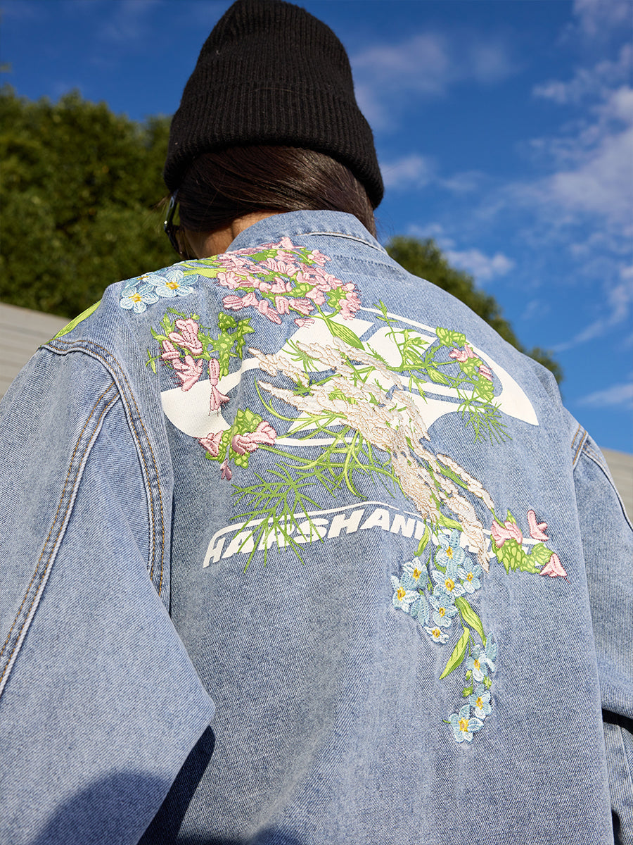 Floral Embroidered Washed Denim Jacket Floral Embroidered Washed Denim Jacket