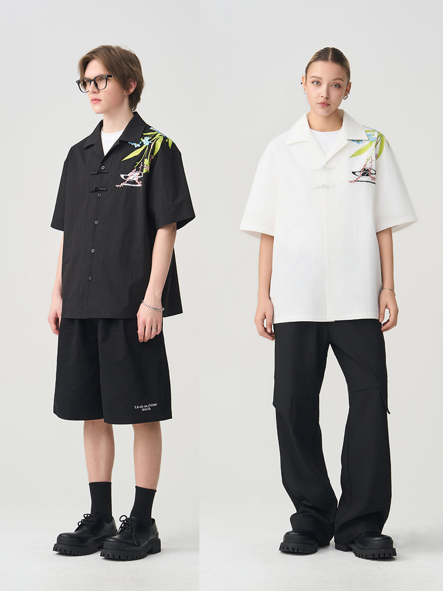 Floral Embroidery Knots Cuban Shirt Floral Embroidery Knots Cuban Shirt