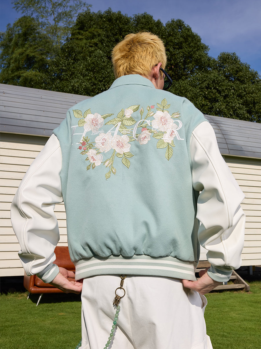 Floral Embroidered Script Baseball Jacket Floral Embroidered Script Baseball Jacket