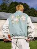 Floral Embroidered Script Baseball Jacket Floral Embroidered Script Baseball Jacket