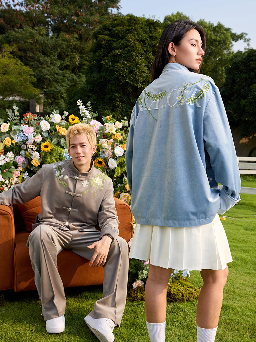 Floral Embroidered Velvet Mandarin Jacket Floral Embroidered Velvet Mandarin Jacket