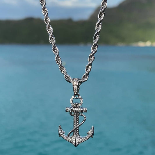 Diamond Anchor Necklace Pendant & Rope Chain