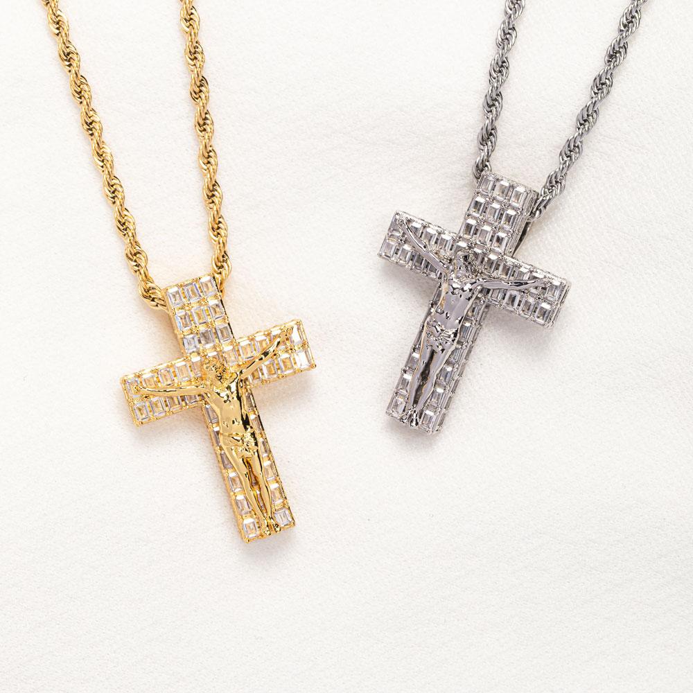 Diamond Baguette Crucifix Necklace Pendant & Rope Chain Diamond Baguette Crucifix Necklace Pendant & Rope Chain