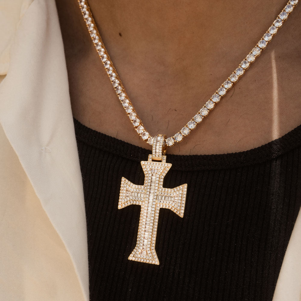 Diamond Cross Emerald Cut Necklace Pendant & Tennis Chain Diamond Cross Emerald Cut Necklace Pendant & Tennis Chain