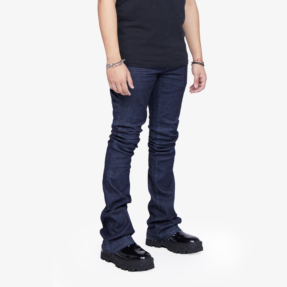 “MR. EXTENDO”  SUPER STACKED FLARE JEAN INDIGO “MR. EXTENDO”  SUPER STACKED FLARE JEAN INDIGO