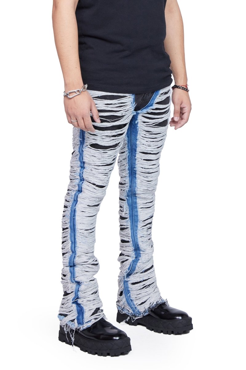 "RAVAGED" STACKED FLARE JEAN BLACK BLUE "RAVAGED" STACKED FLARE JEAN BLACK BLUE