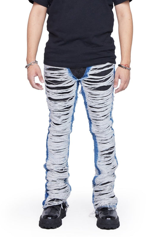"RAVAGED" STACKED FLARE JEAN BLACK BLUE