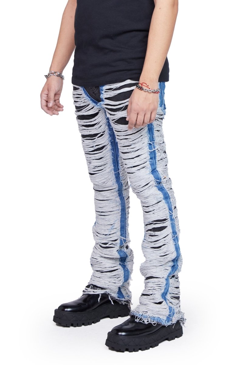"RAVAGED" STACKED FLARE JEAN BLACK BLUE "RAVAGED" STACKED FLARE JEAN BLACK BLUE
