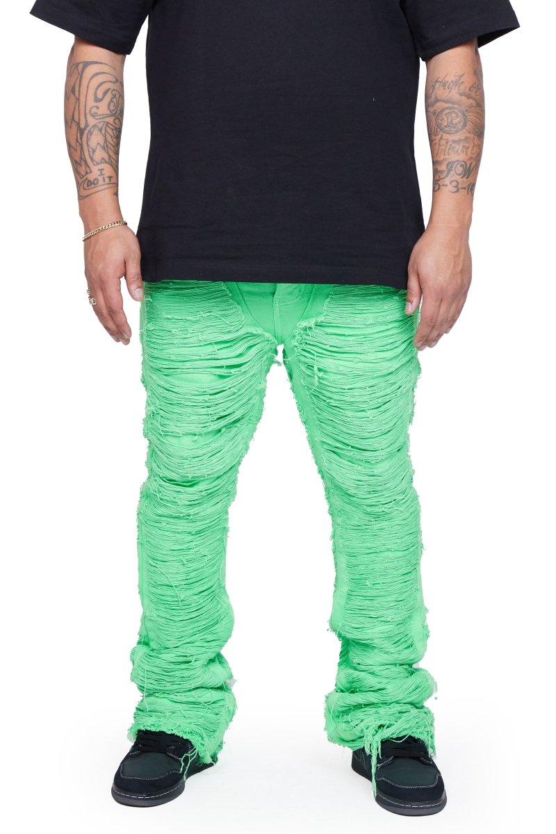 "RAVAGED" STACKED FLARE JEAN GREEN "RAVAGED" STACKED FLARE JEAN GREEN