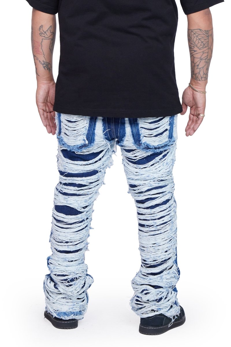 "RAVAGED" STACKED FLARE JEAN INDIGO "RAVAGED" STACKED FLARE JEAN INDIGO