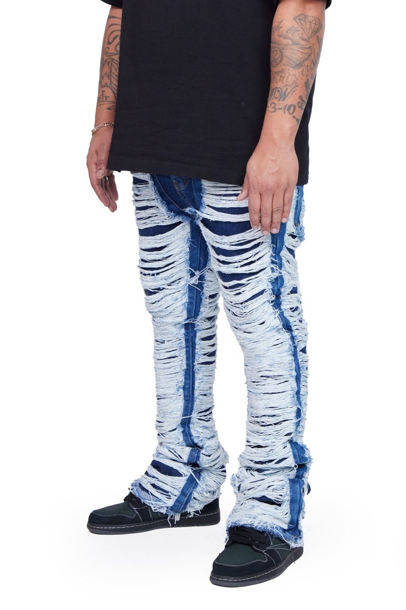"RAVAGED" STACKED FLARE JEAN INDIGO "RAVAGED" STACKED FLARE JEAN INDIGO