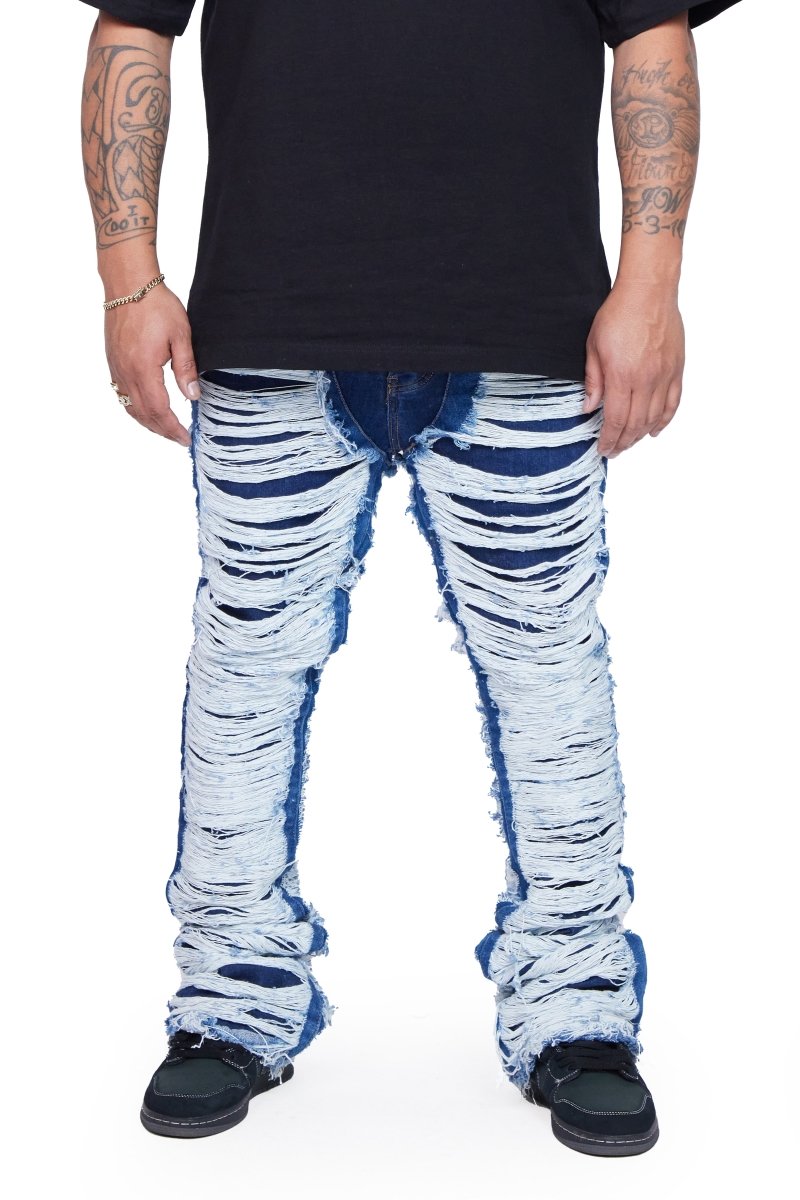 "RAVAGED" STACKED FLARE JEAN INDIGO "RAVAGED" STACKED FLARE JEAN INDIGO