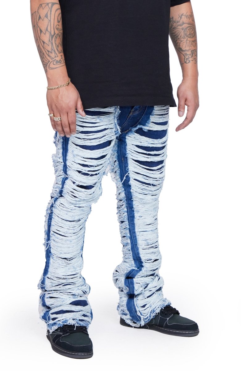 "RAVAGED" STACKED FLARE JEAN INDIGO "RAVAGED" STACKED FLARE JEAN INDIGO