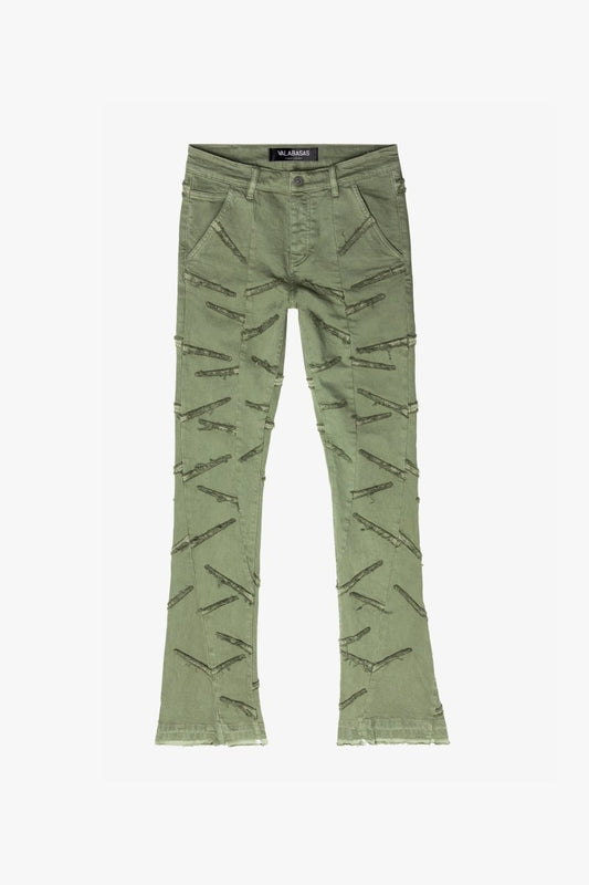 “SABER” STACKED FLARE JEAN OLIVE WASHED