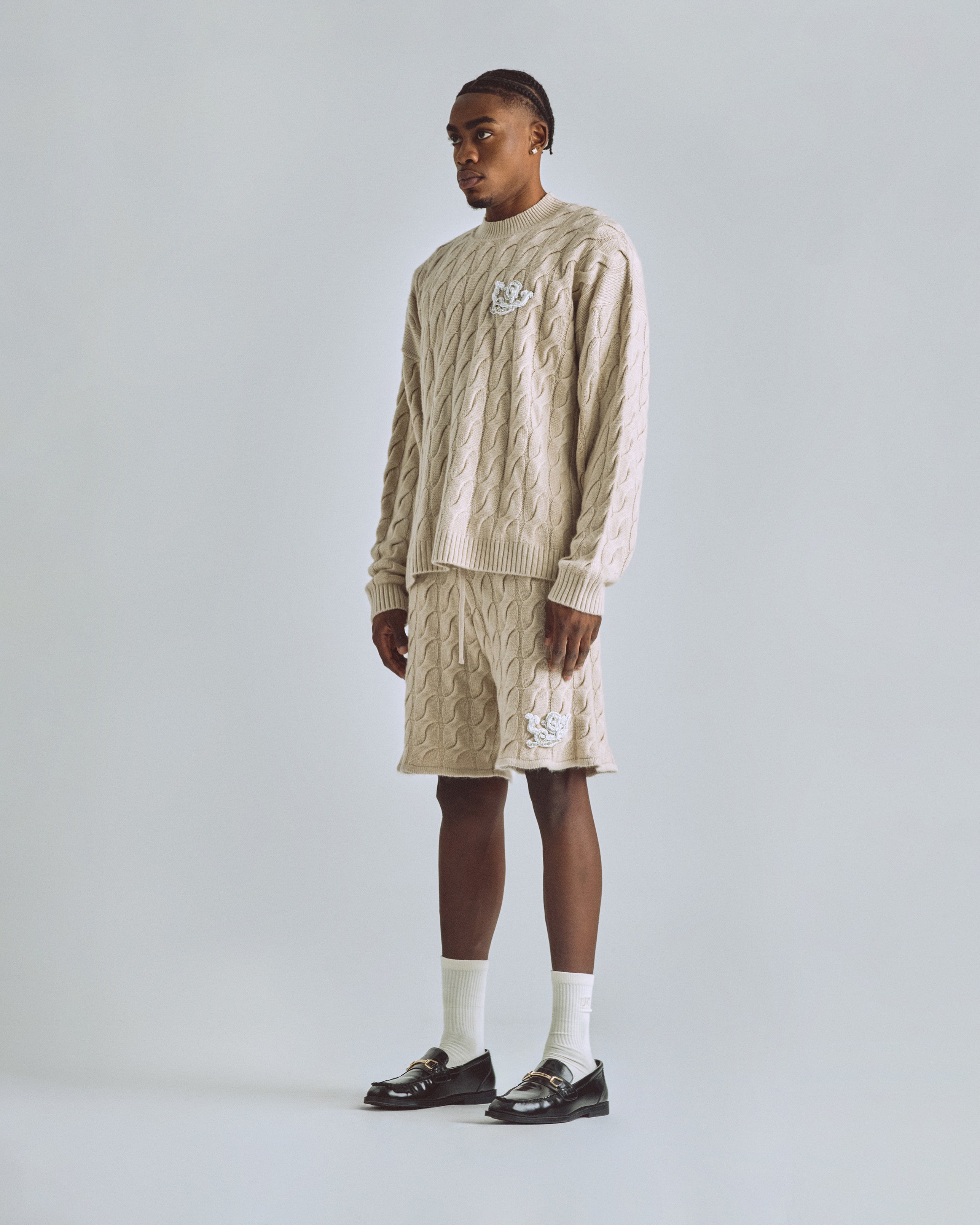 The Path Monogram Cable Knit Crewneck Cream The Path Monogram Cable Knit Crewneck Cream