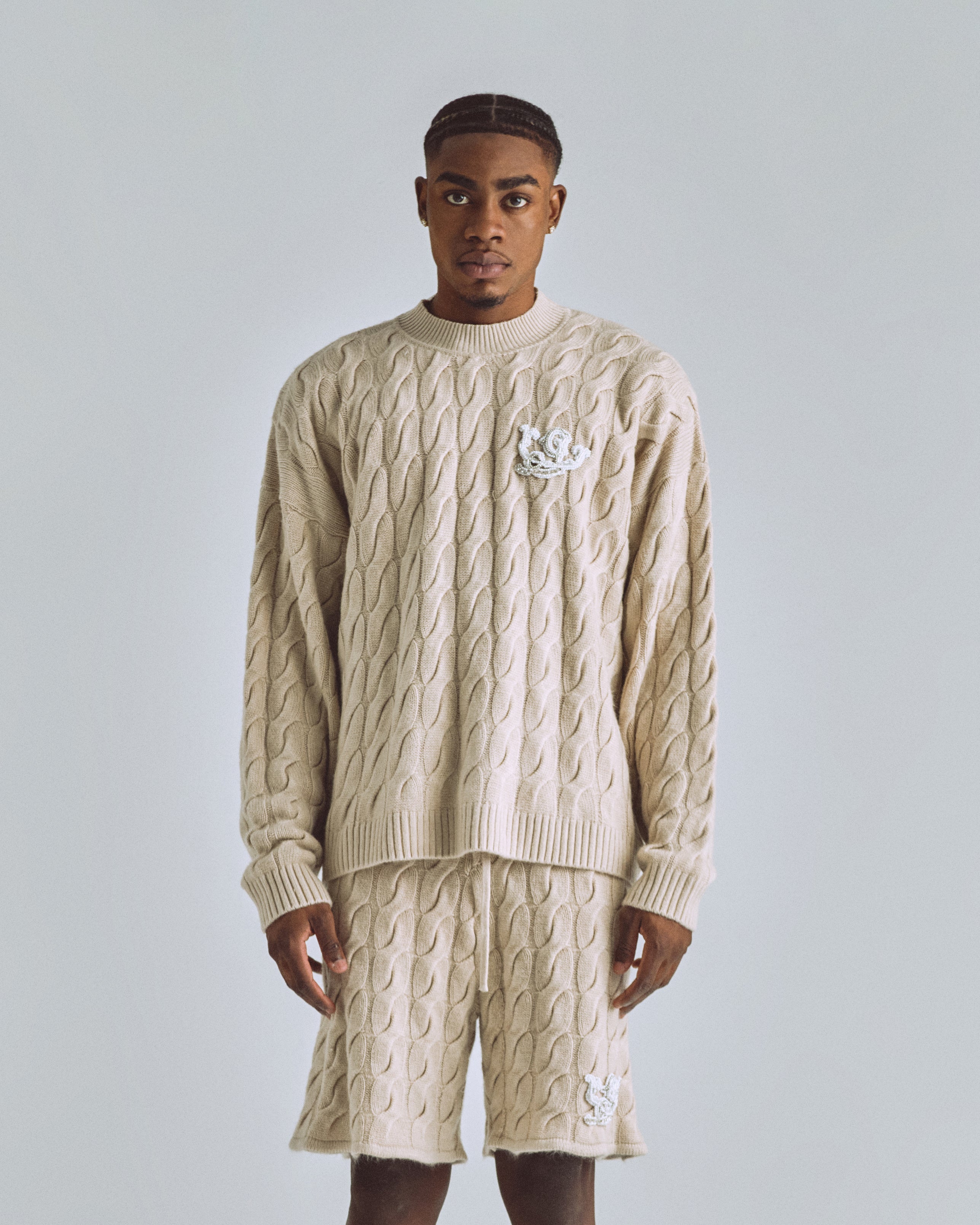 The Path Monogram Cable Knit Crewneck Cream The Path Monogram Cable Knit Crewneck Cream