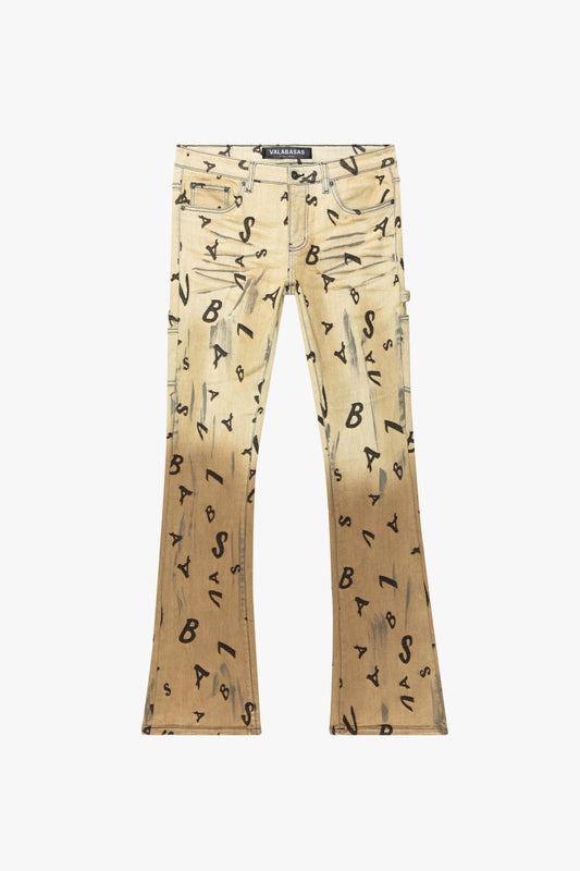 “V-SCRABBLE”  STACKED FLARE JEAN CHAMOIS