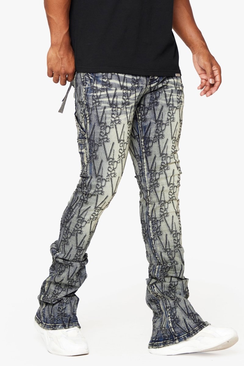 "V-SCRAWL" STACKED FLARE JEAN BLACK BLUE "V-SCRAWL" STACKED FLARE JEAN BLACK BLUE