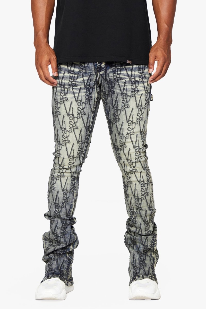 "V-SCRAWL" STACKED FLARE JEAN BLACK BLUE "V-SCRAWL" STACKED FLARE JEAN BLACK BLUE