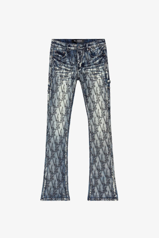 "V-SCRAWL" STACKED FLARE JEAN BLACK BLUE