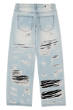 DISTRESSED DOUBLE DENIM PANTS