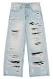 DISTRESSED DOUBLE DENIM PANTS