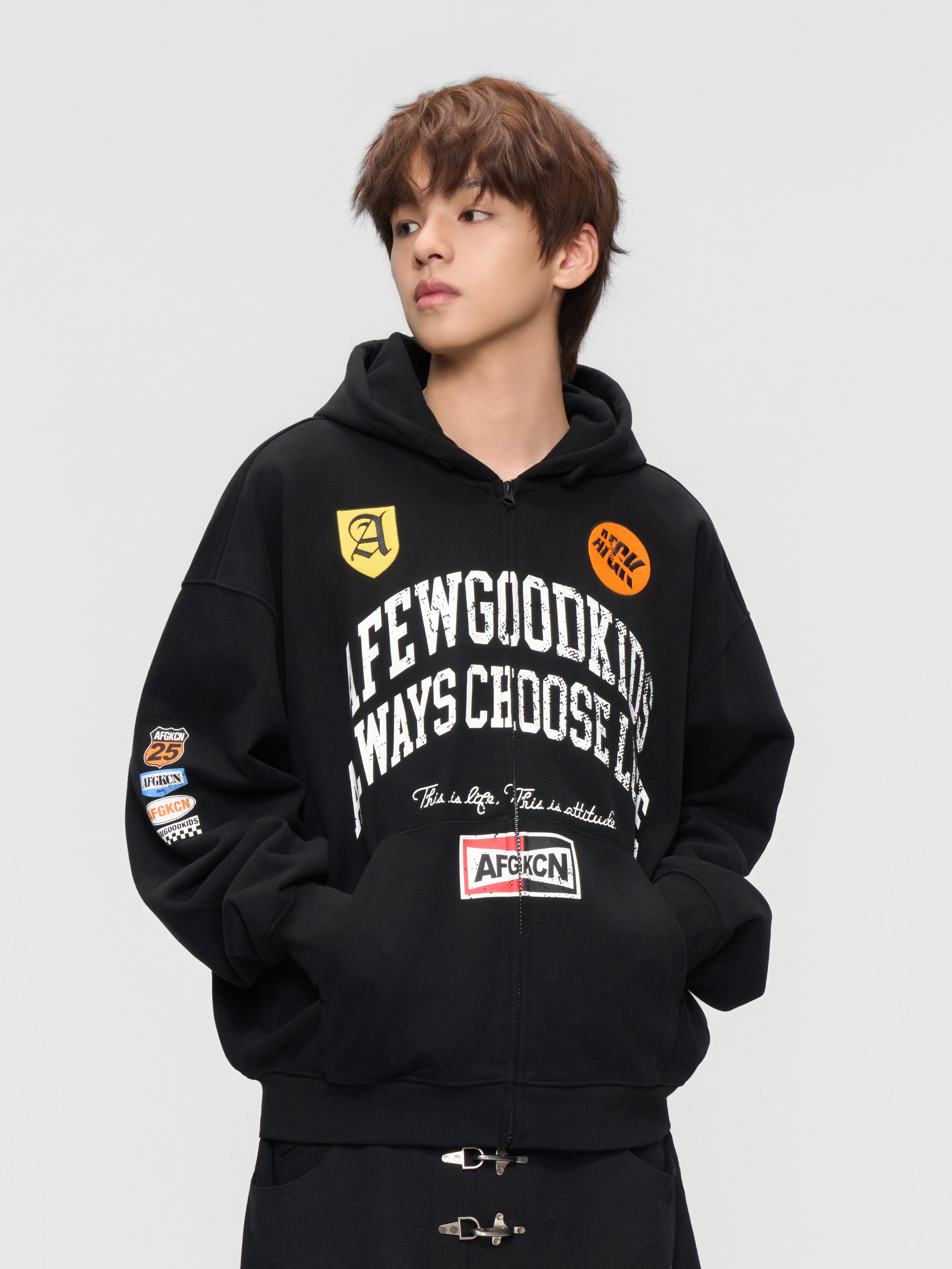 DONCARE(AFGK) "Distressed logo zip hoodie"