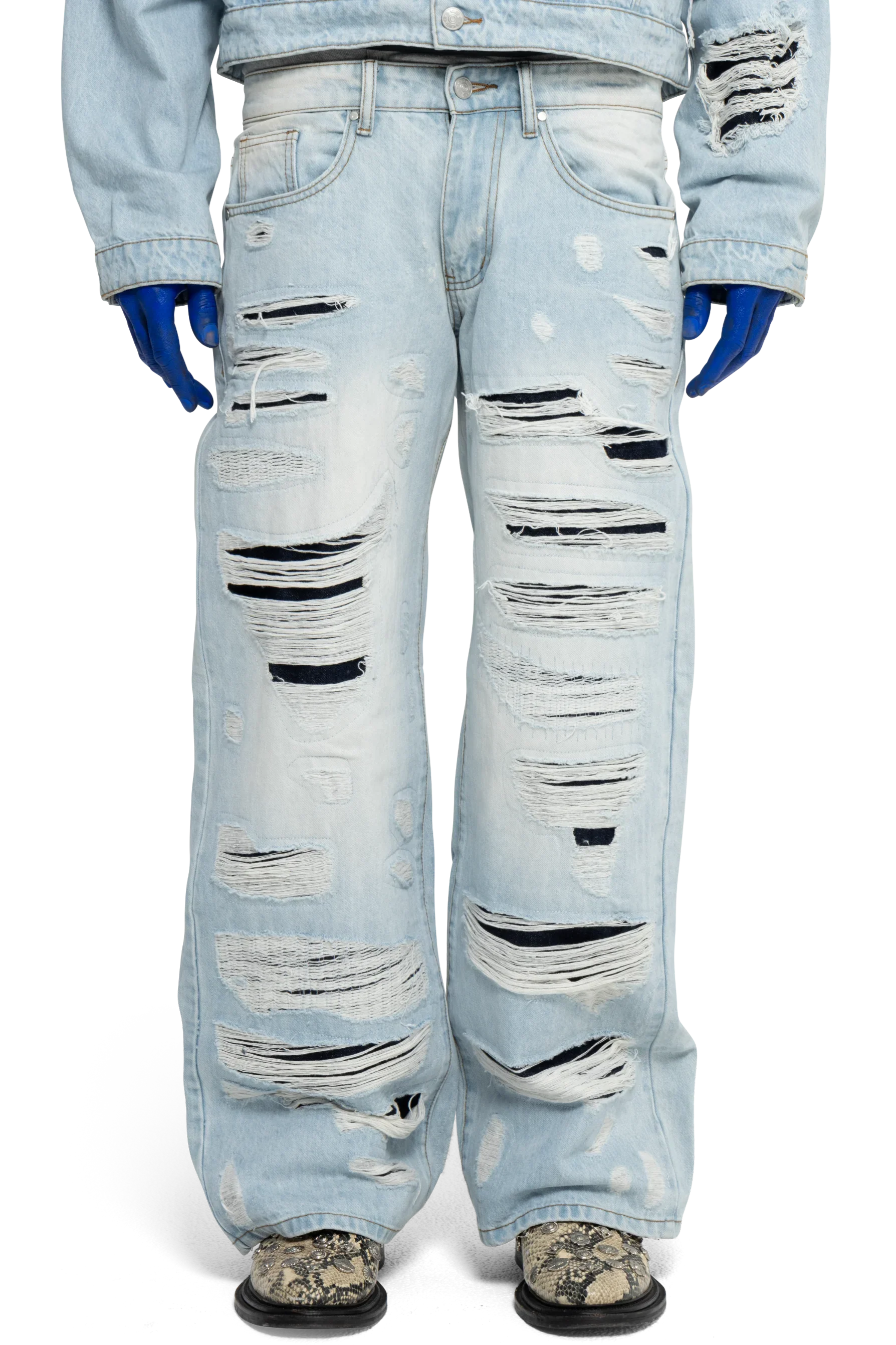 DISTRESSED DOUBLE DENIM PANTS