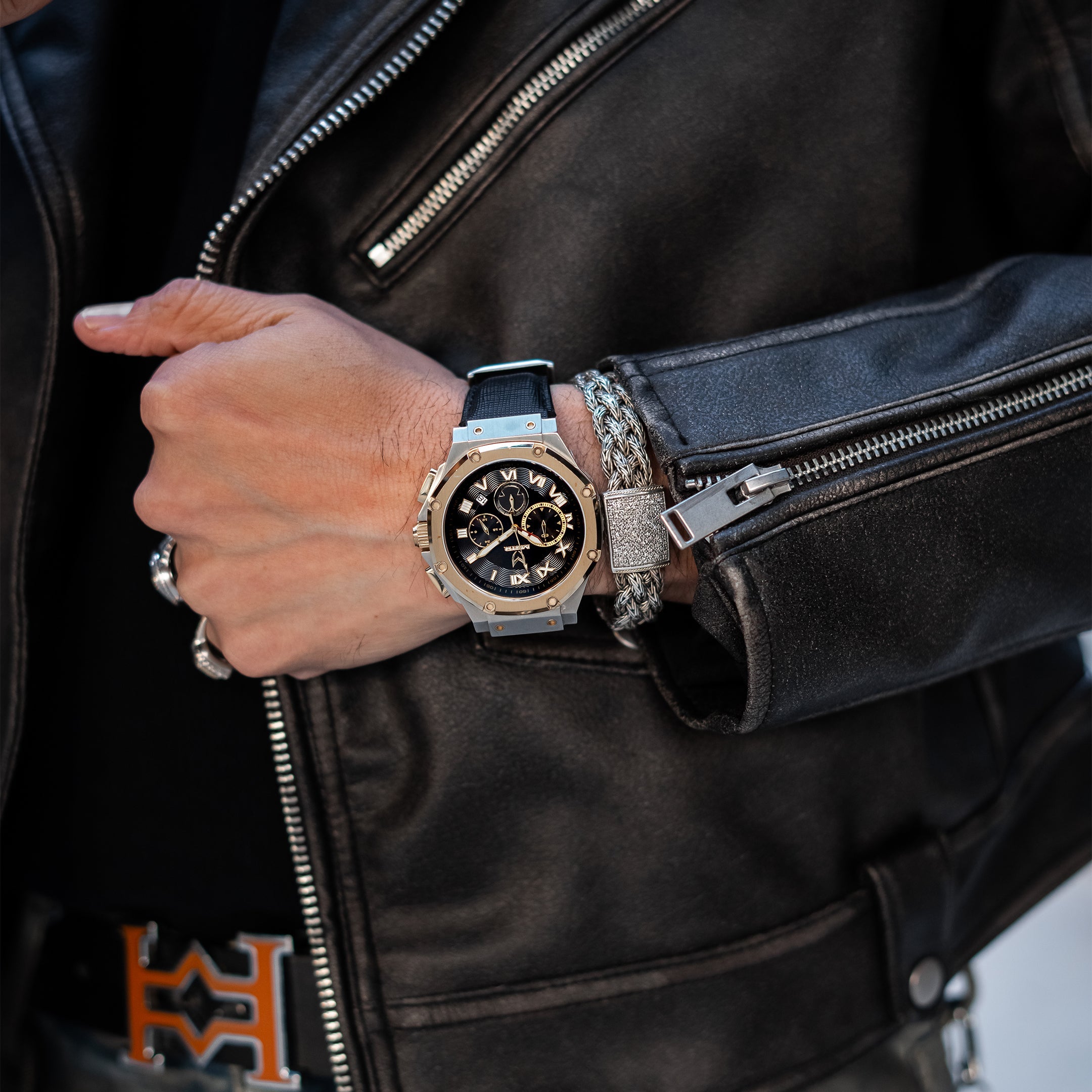 AM1053LB - AMBASSADOR SILVER & GOLD WATCH WITH LEATHER STRAP