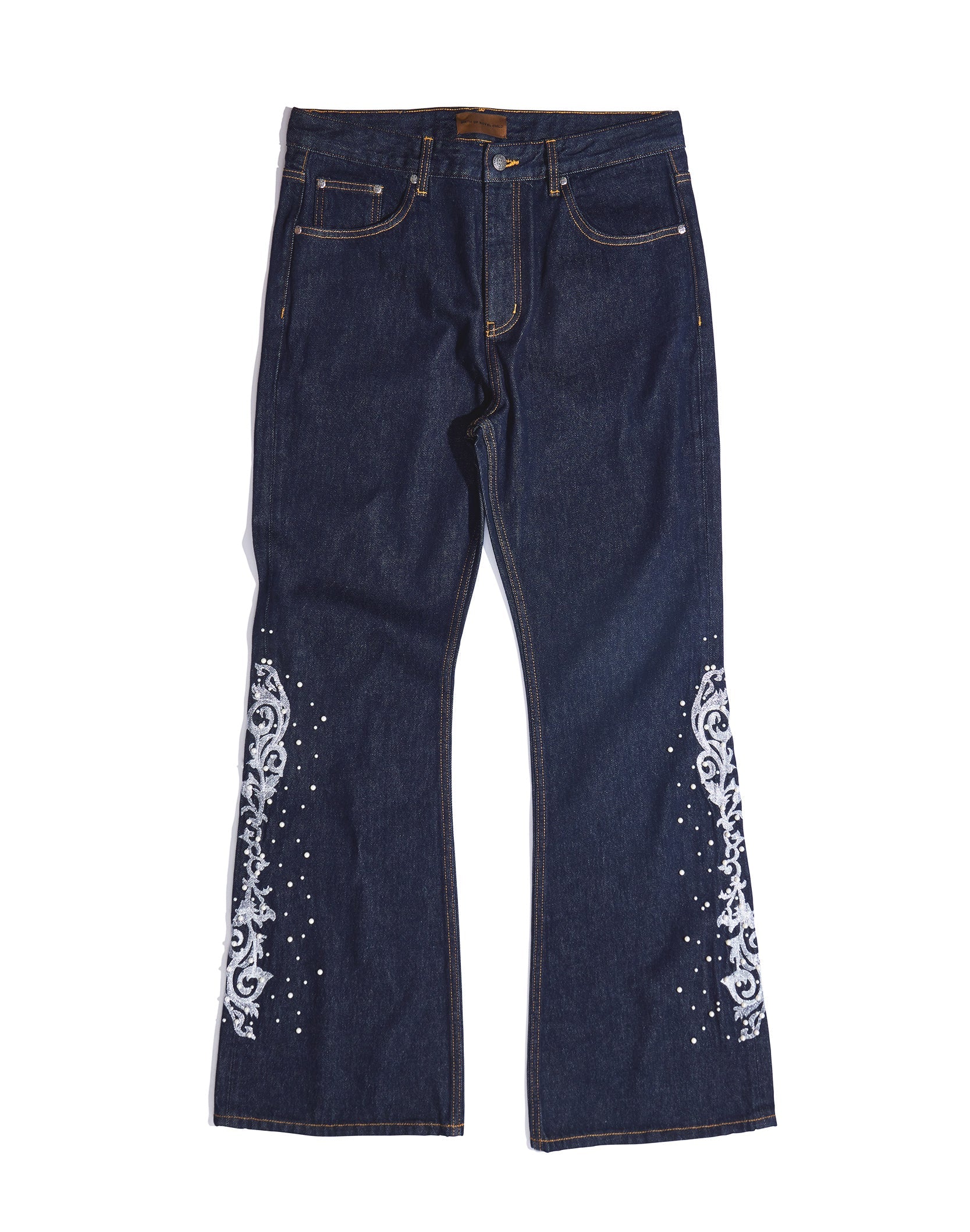 Raw Denim Embroidered Pearl Flared Jeans