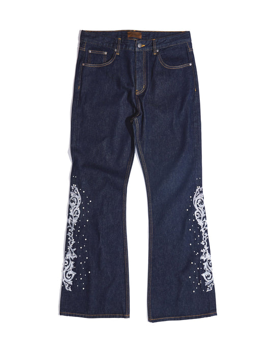 Raw Denim Embroidered Pearl Flared Jeans