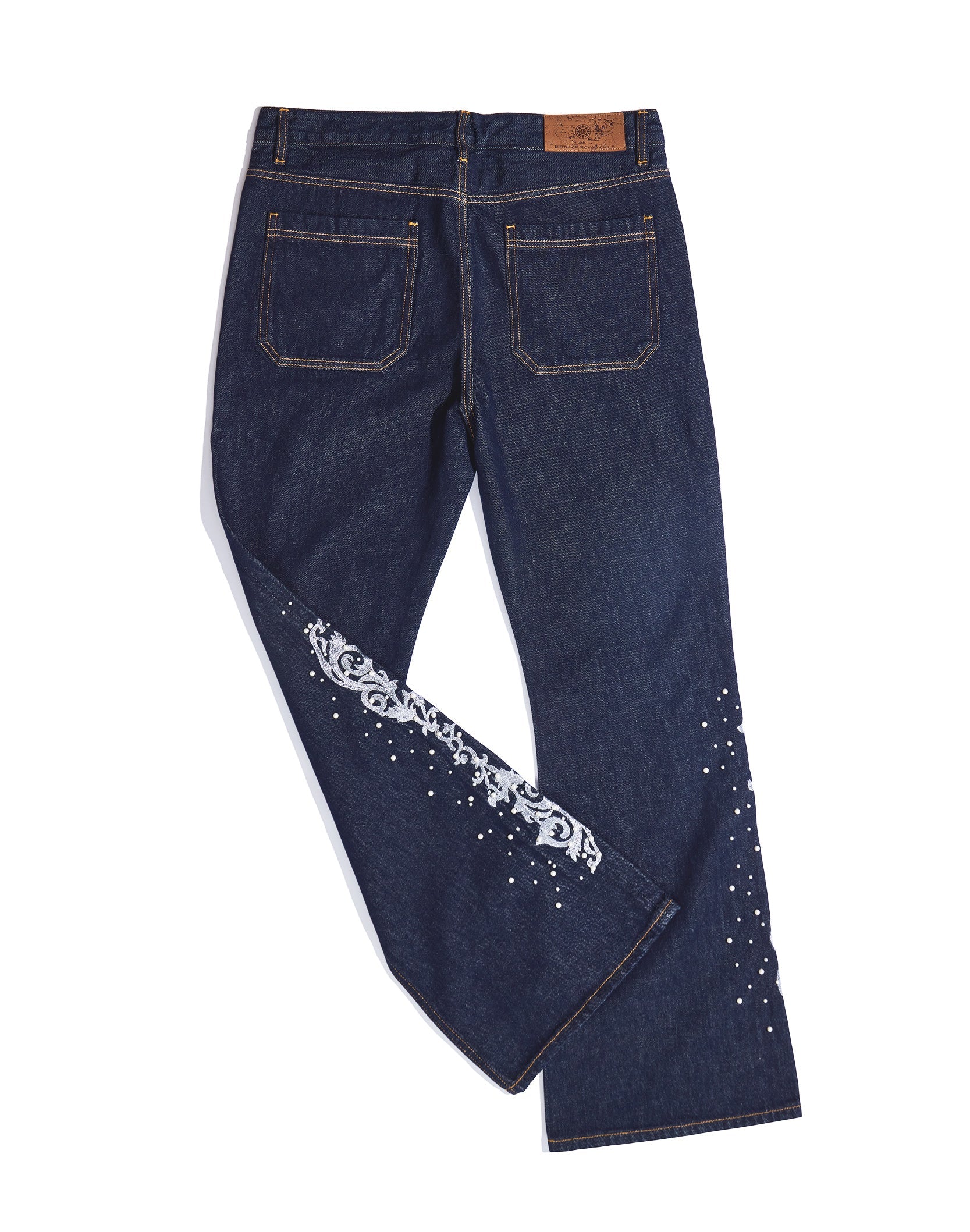 Raw Denim Embroidered Pearl Flared Jeans
