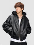 DONCARE(AFGK) "Leather hooded bomber jacket"