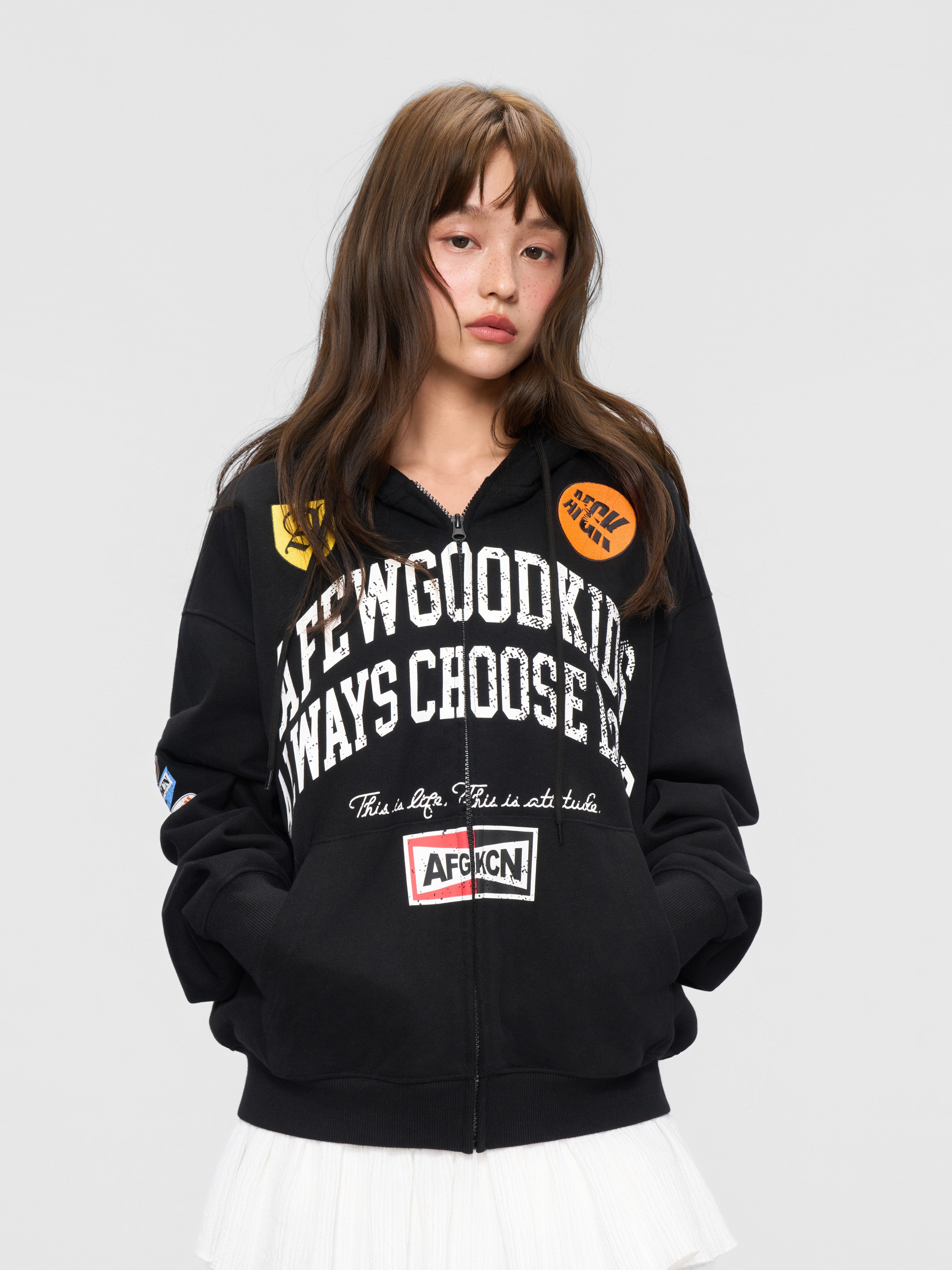 DONCARE(AFGK) "Distressed logo zip hoodie"