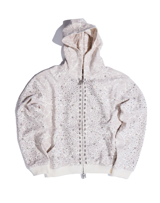 Cashew Blossom Pearl Zipper Hoodie-WHT