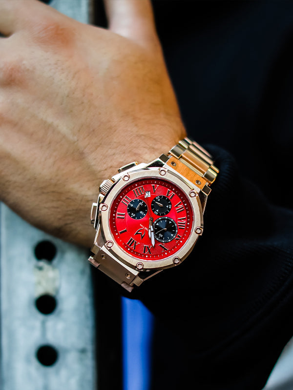 AM177SS - AMBASSDOR ROSE GOLD / RED / SS BAND