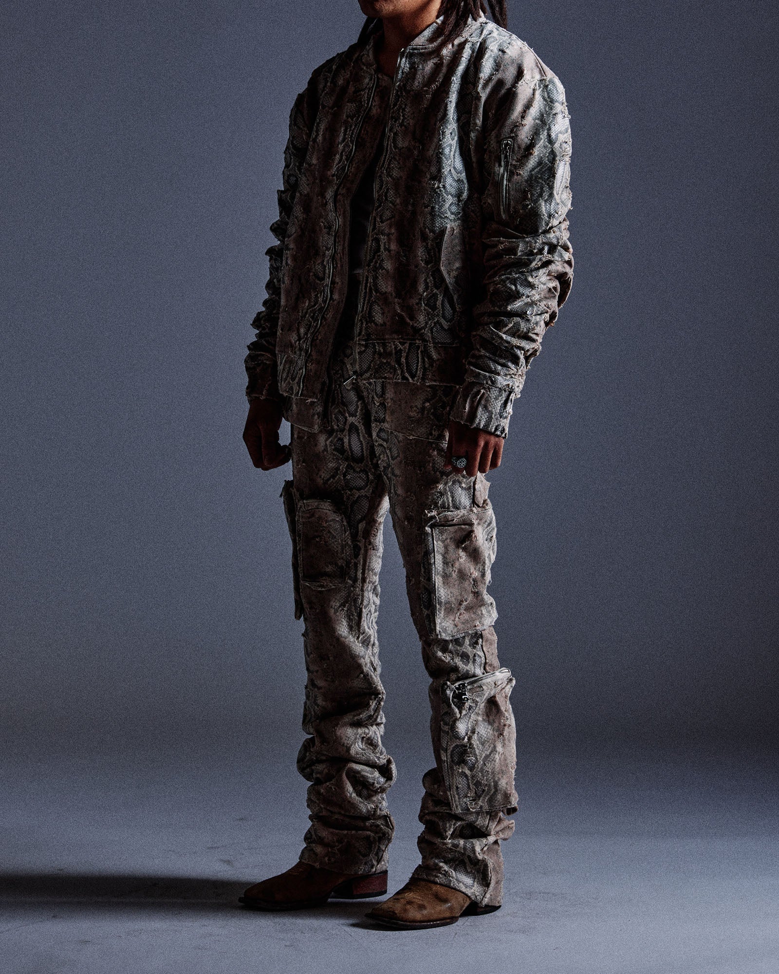 "Balboa" Denim Snakeskin Bomber (Brown)