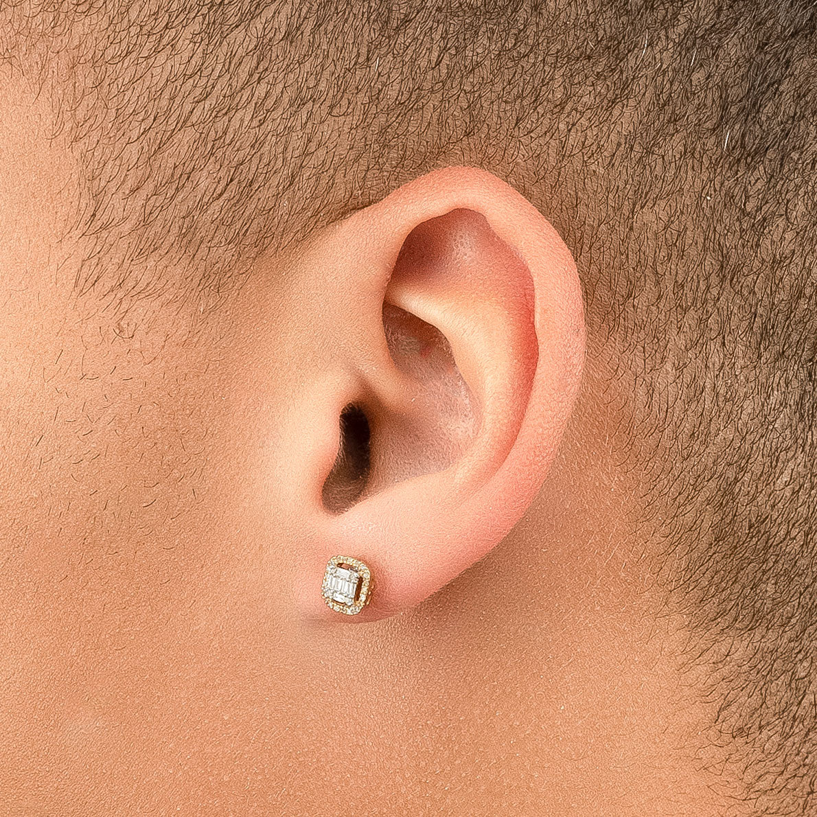 14k Solid Gold Diamond Halo Square Stud Men's Earrings .30 CTW