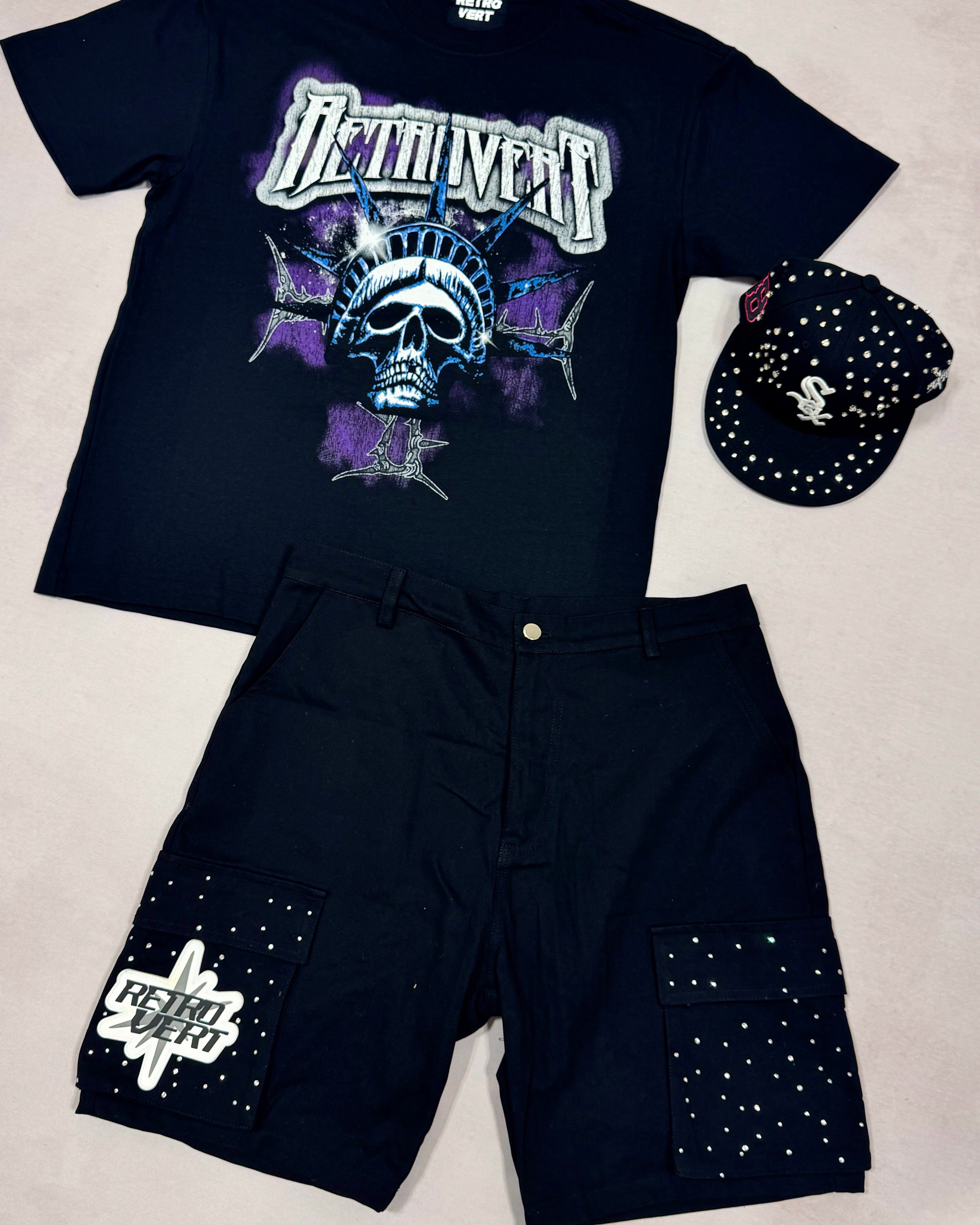 Rhinestone Cargo Shorts - Black