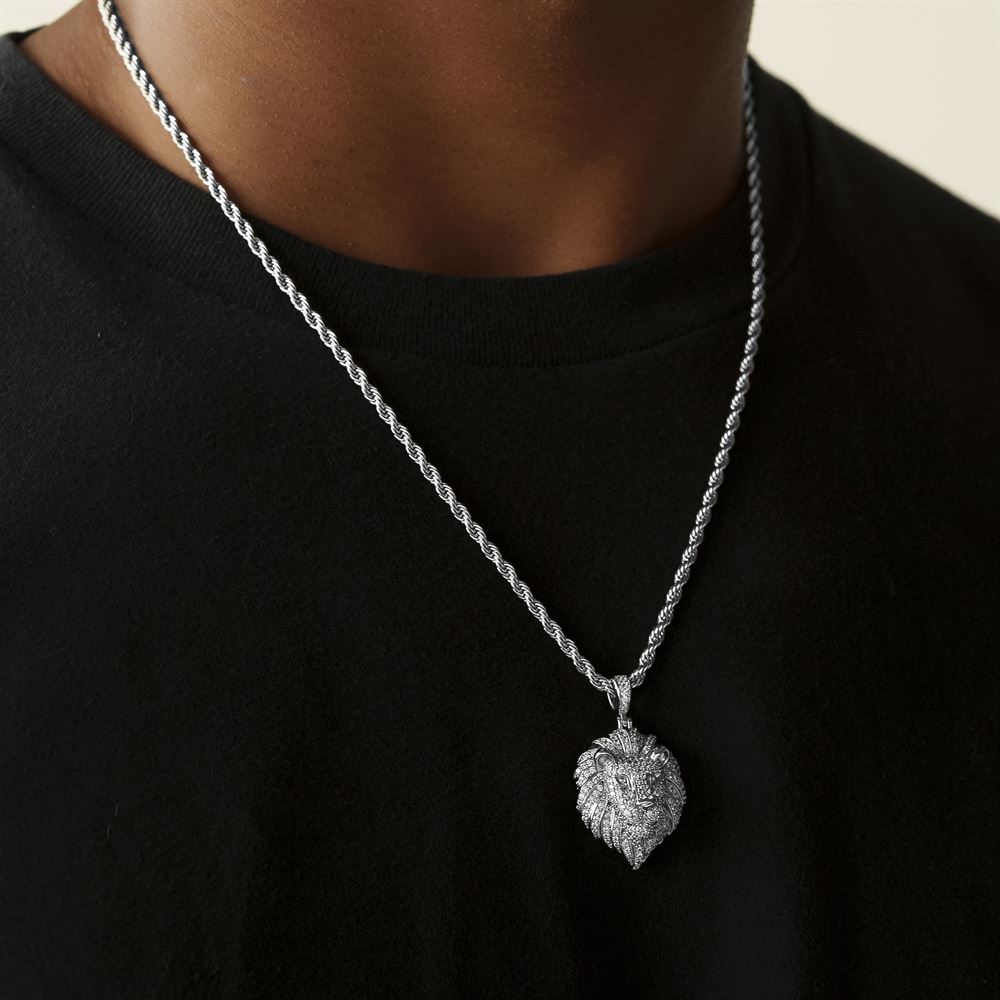 Diamond Lion Head Necklace Pendant & Rope Chain