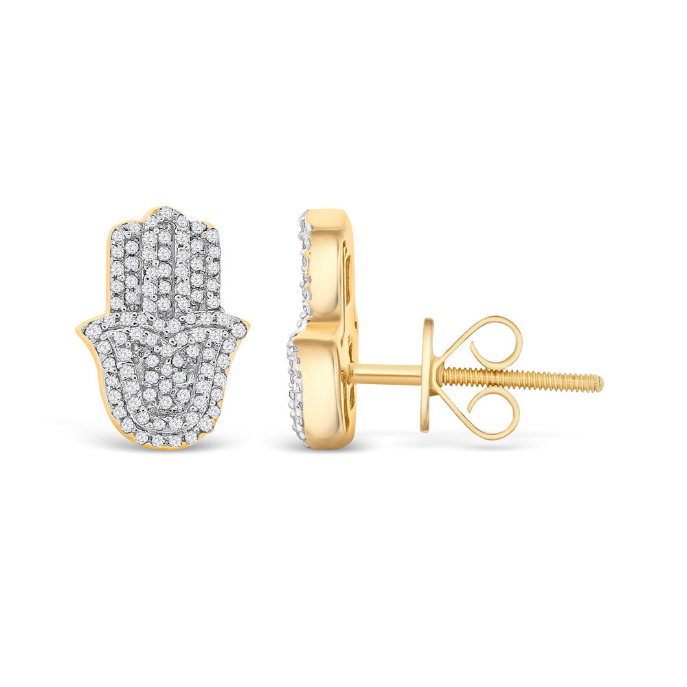 14k Solid Gold Diamond Hamsa Stud Men's Earrings .30CTW